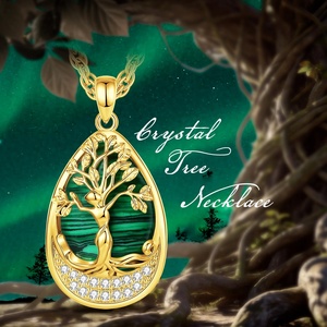 Nuova Collana in Malachite a Goccia con Pendente Albero della Vita in <span class=keywords><strong>Oro</strong></span> 24K, Elegante Gioiello Verde a Forma di Pera, Regalo per Donne - Product Image 6