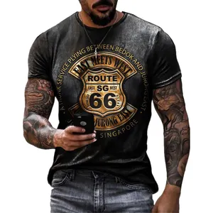 Kaus Longgar Ukuran Besar Pria, Kaus Lengan Pendek Mode Amerika Rute 66 Huruf Cetak O Kerah Musim Panas