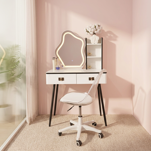 Modern <b>Makeup</b> Vanity Desk with Lighted <b>Mirror</b> Storage White Black Legs Acrylic Chair Bedroom Furniture - Product Image 4
