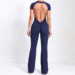 2024 Nylon Frauen Leichte Overalls Ärmel Rücken freie Sport bekleidung Open Back Workout Yoga Wide Flare Leg - Product Image 3