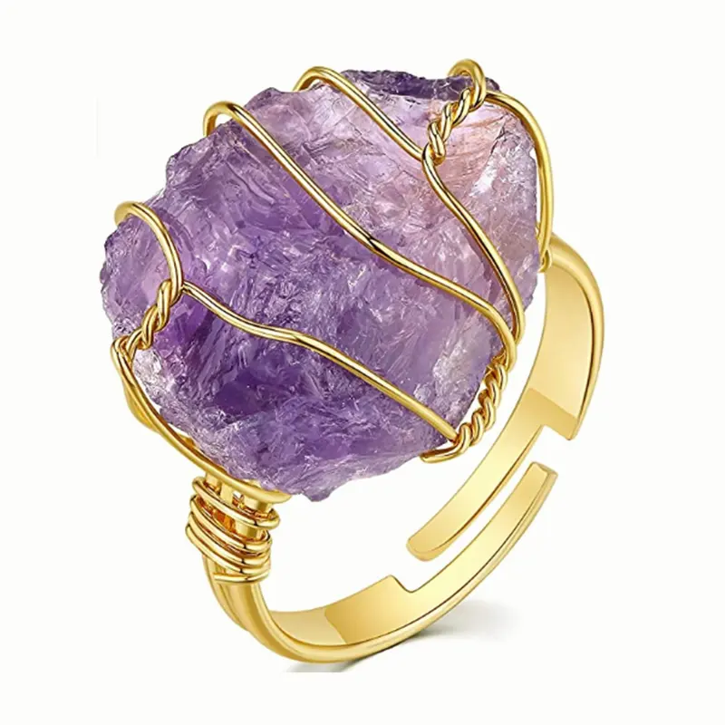 Amethyst Rough Stone Crystal Rings 18k Gold Plated Handmade Wire Wrapped Irregular Healing Raw Stones Vintage Rings Jewelry