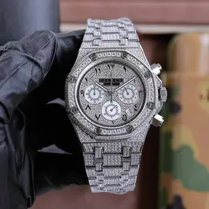 Beste Kwaliteit Handgemaakte Setting Moissanite Diamond Horloge Luxe Hiphop Rapper Chronograaf 40Mm Quartz Polshorloge