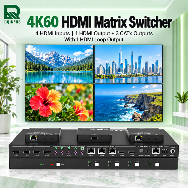 4K60Hz 4x4  KVM Matrix Switcher with 3 HDBaseT Receivers, Seamless Video Wall HDCP2.2  Extender 70m CATx