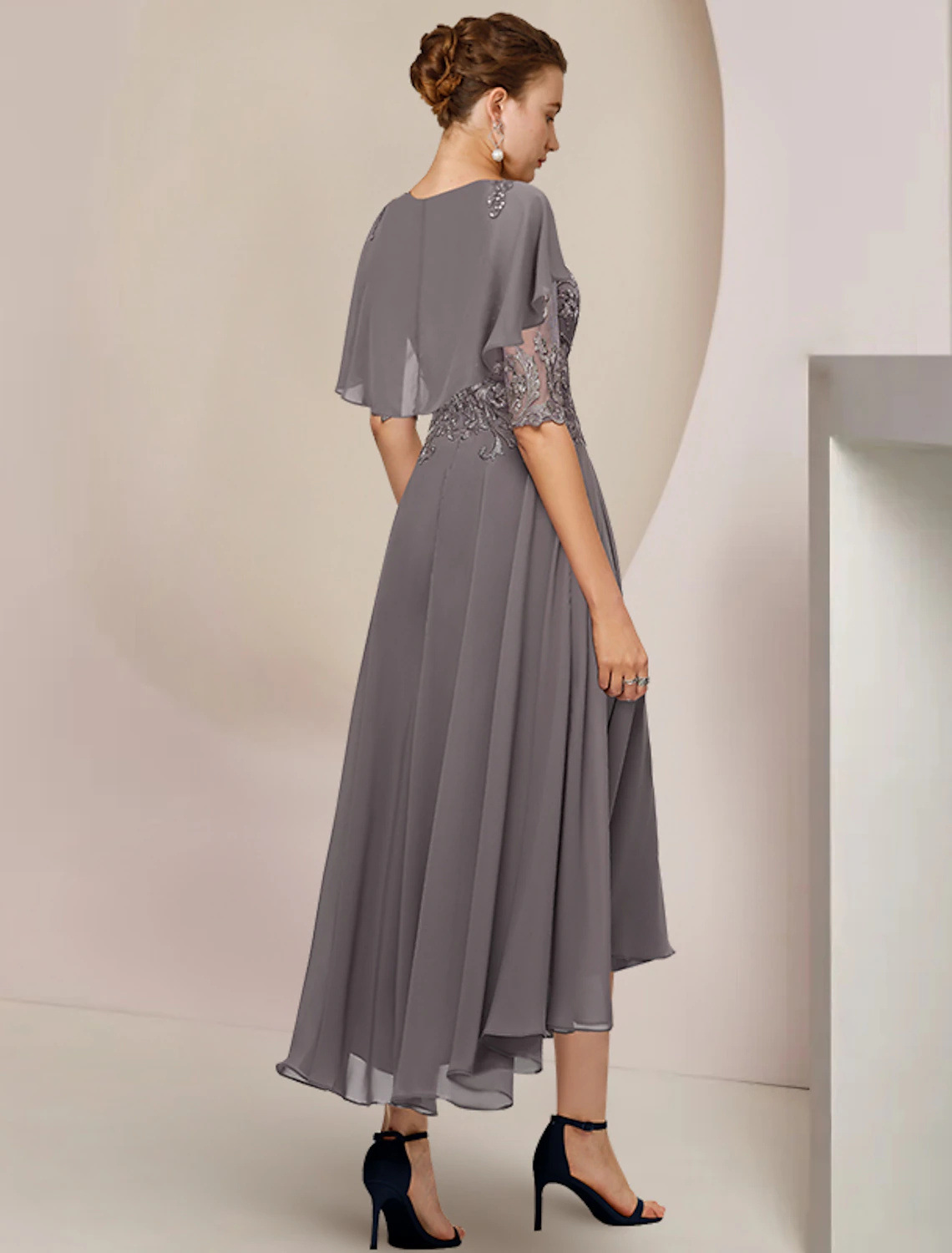 LY-PD0149 Evening Dresses Gray Classic Party Skirt Lace Party Gowns Puff Half Sleeve O Neck Elegant Floor Length a Line Skirt