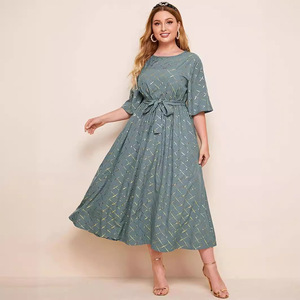 New Arrived Golden Line Lattice <strong>Blue</strong> Color Waist Belt Plus Size Women's Long Casual <strong>Dresses</strong> - Product Image 1