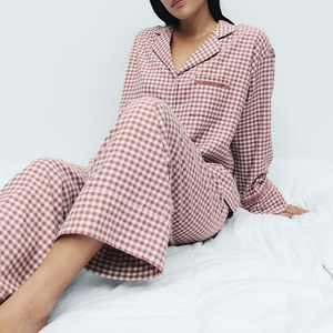 Customized Long Sleeved plus size Solid Color Sleepwear Checkered Pure Cotton Plaid Woven Women's Pajamas Set Home Wear - Product Image 2