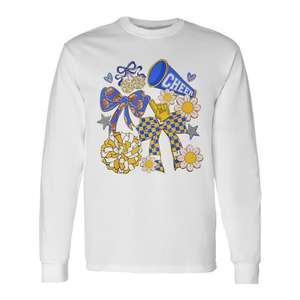 Camiseta Retro Azul Dorado con Lazo de Animadora, Manga Larga, Diseño Coqueta para el Día del Partido - Product Image 1