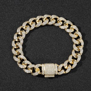 Dây chuyền nam chất lượng cao RQ, mặt đá CZ 12mm, chất liệu đồng thau dày, kiểu dáng Cuban Link, trang sức Hip Hop, mạ vàng <span class=keywords><strong>14k</strong></span> nguyên chất. - Product Image 5