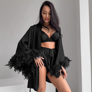 女式缎面睡衣三件套羽毛袖口睡袍和配套内衣套装 - Product Image 2