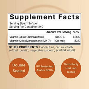 Cápsulas de Gel Suave de Vitaminas D3 y K2 con Certificación Halal VitaHall, Suplemento Dietético de Grado Alimenticio para Adultos, Antioxidante, Refuerzo Inmunológico y para los Huesos - Product Image 5