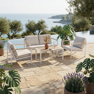 Set Sofa Luar Ruangan Rangka Baja Modern 4 Buah Set Furnitur Teras dengan 2 Kursi Loveseat dan Meja untuk Taman Dek. - Product Image 4