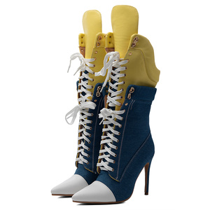 Stivaletti Sportivi da <span class=keywords><strong>Donna</strong></span> con Tacco a Spillo Sottile, Taglia Grande 47, Scarpe con Lacci, Blu e Giallo, Stivaletti in Denim Patchwork - Product Image 1