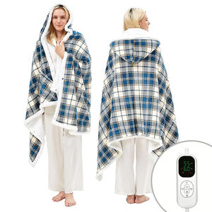 Couverture chauffante électrique portable à capuche en polaire Sherpa et flanelle avec poches géantes, 6 réglages de chaleur, arrêt automatique après 2 heures, USB - Product Image 1