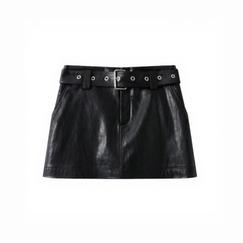 5401 Latest Vintage Design A-Line Mini Skirt for Women Genuine Sheepskin Leather Locomotive Style Belt Decoration for Spring