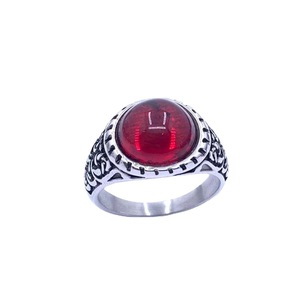 European American Style Titanium Steel Red Gemstone <b>Ring</b> Men Personalized Hip Hop Fashion Stainless Steel Semicircle Bezel - Product Image 1