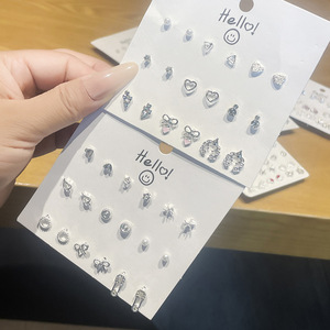 Korean Style 9 Pair <b>Earring</b> Set With Cards Alloy Heart Bow <b>Crystal</b> <b>Studs</b> Fashion Jewelry - Product Image 2
