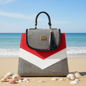 Bolso Tote Mediano de Yute para Mujer Fana Haven, con Patrón de Letras Rojas, para la Playa, con Cierre de Broche, Apto para Veganos - Product Image 2