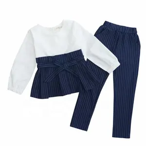 キッズストライプ衣装フリルシャツ & パンツスーツ女の子服セット秋のパッチワーク10代の服女の子セット