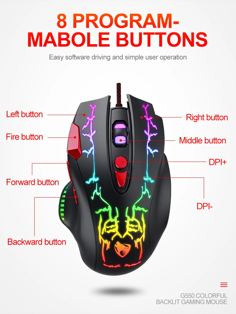 TWOLF G550 gaming mouse wired 8 programmable buttons RGB backlit 7200DPI opitical LED light for computer PC Gaming Mice