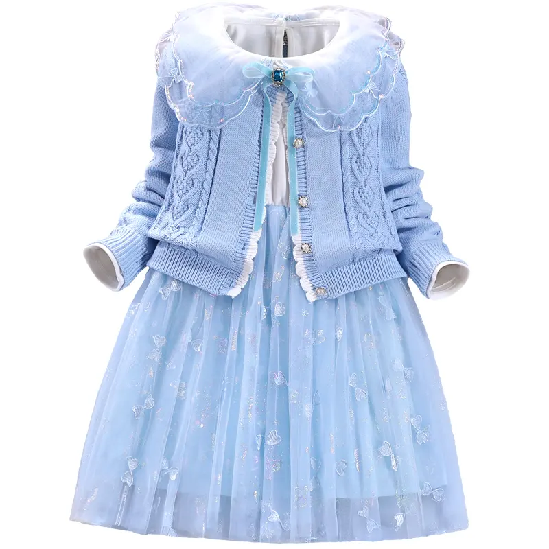 Venta al por mayor de ropa infantil Conjunto de niñas Vestido de punto de algodón puro Conjunto de dos piezas Primavera y otoño