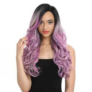 Sleek Hair Synthetic Lace Wig Long Wavy Pink Purple Grey Wig 22 Inch for Black Women Synthetic Lace Wig Heat Resistant