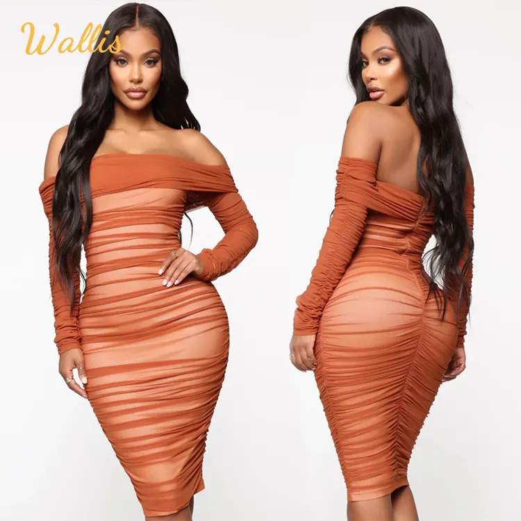 Vestidos Elegantes Sexy Women Long Sleeves Party Bodycon Bandage Short Dress Slash Neck Off Shoulder Draped Club Mesh Midi Dress