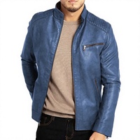 Blouson Moto Homme Mego Industry Bleu en Polyester Col Montant Fermeture Éclair Coupe Slim Coupe-Vent Vintage Manches Classiques Automne