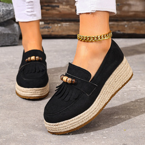 Mules compensées à plateforme à enfiler pour femme, grande taille, à semelle épaisse en corde de chanvre, basses, collection automne - Product Image 2