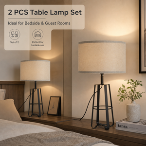 Modern Iron <b>Table</b> Lamp Set Of 2 Fabric Shade E27 Bulb Warm Bedroom <b>Bedside</b> Nightstand Living Room Ambient Light - Product Image 2