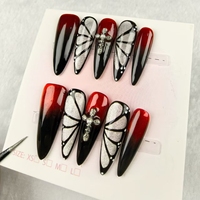 Venta al por mayor mariposa dibujada a mano negro y rojo uñas artacrílicas prensa en las uñas