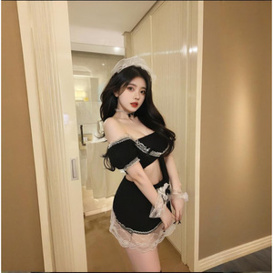 Tenue de femme de chambre sexy pour femme, lingerie noire en dentelle, robe à manches courtes avec tablier et bandeau, uniforme de jeu de rôle 8490 - Product Image 3