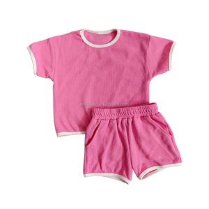 Summer Baby Boys Girls Striped Waffle Short Sleeve Top Shorts Contrast Color <strong>Kids</strong> Daily Two Piece Set - Product Image 6