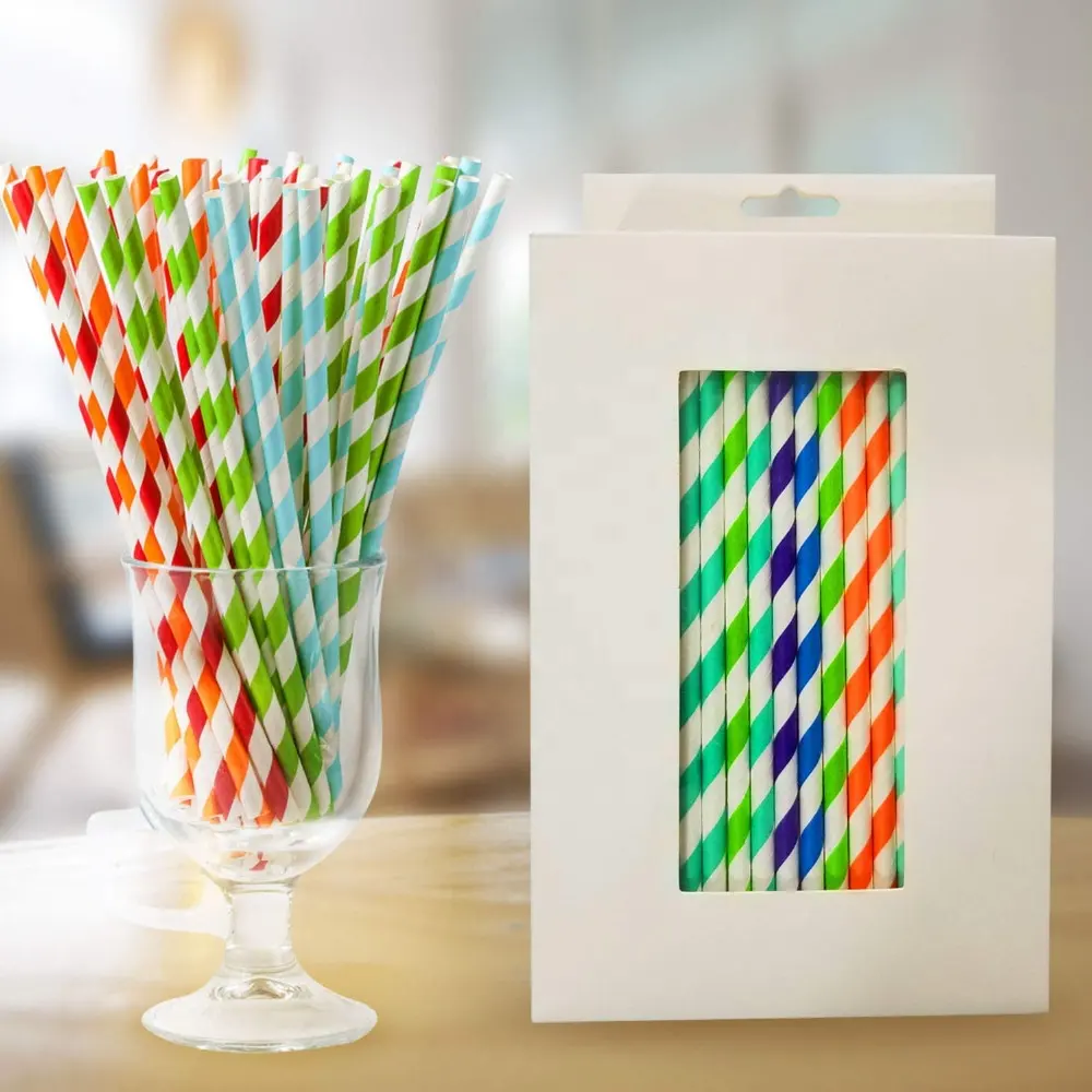 Disposable Paper Straws Colorful Biodegradable Striped Drinking Straws Party Decoration Supplies