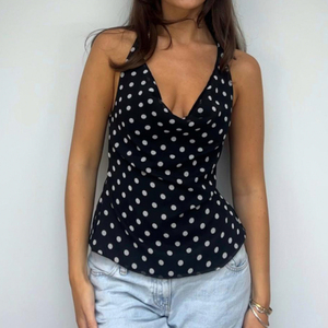 Top d'été sexy pour femme, style vintage à pois, col licou, dos nu, coupe ajustée - Product Image 2