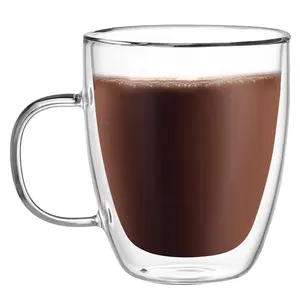 CnGlass 커피 머그 에스프레소 마시는 유리 컵 손잡이 17oz. 전자 레인지 안전 이중 벽 절연 유리 머그