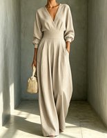 Nouvelle Arrivée Combinaison Longue Élégante en Lin Uni à Col en V, Manches Bouffantes, Taille Haute Plissée, Coupe Ample à Jambes Larges avec Poches pour Femme