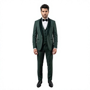 Traje de esmoquin verde oscuro para hombre, estilo británico, de un solo botón, con solapa con muescas, chaleco y pajarita, de tela de lana elástica - Product Image 1