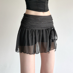 Minifalda francesa de malla con lunares para mujer, cintura baja, línea A, pantalones cortos incorporados, corte ajustado, estilo sexy y elegante - Product Image 5