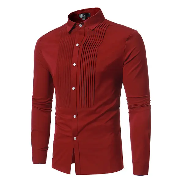 Fashion Pleat Revers Red Shirt Herren Herbst New Slim Fit Langarm Smoking Shirt Männlich Hochzeit Dinner Party Shirt