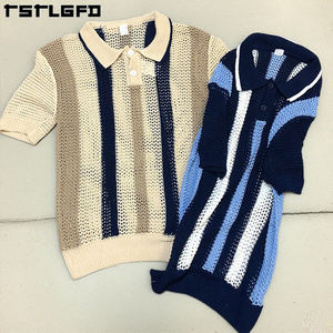 Maglietta estiva personalizzata a righe all'uncinetto con bottone cavo a maniche corte con collo alto <span class=keywords><strong>Cardigan</strong></span> da uomo maglione Jacquard t-Shirt - Product Image 1