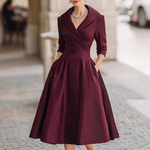 Robe de soirée élégante mi-longue plissée à col en V et manches longues, avec poches, coupe ajustée pour femme, collection 2026 - Product Image 1
