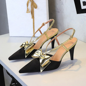 Élégantes sandales à talons hauts pour femmes, noires, à bout pointu, avec nœud, pour l'été, idéales pour les soirées et le bureau - Product Image 2