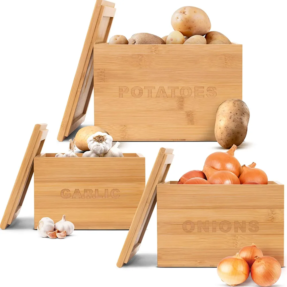 Onion and Potato Storage Bins 3 Pieces - Stack Bamboo Vegetable Containers Engraved Garlic Pantry Canister Farmhouse Kitchen