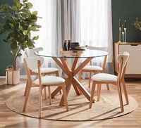 Table à manger ronde en verre clair avec base en bois croisé, style moderne, prix d'usine, meubles de maison