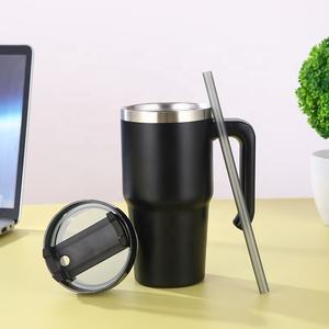 20/30/40 oz 절연 재사용 스테인레스 스틸 진공 플라스크 야외 여행 머그 핸들 밀짚 뚜껑 식기류 바쁜 텀블러 - Product Image 4