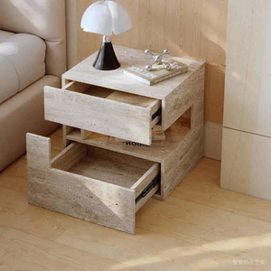 Contemporary Travertine Stone Texture Feel Wood Board Nightstand, Intelligent LED Lighting <b>Bedside</b> Cabinet with Drawer <b>Storage</b> - Product Image 3
