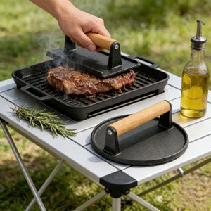 ที่กดเนื้อย่างบาร์บีคิวเหล็กหล่อทรงสี่เหลี่ยมลายสก็อต ไม่มีสารเคลือบผิว ด้ามจับไม้บีช ทำความสะอาดง่าย สำหรับสเต็กและ<span class=keywords><strong>หมู</strong></span>ย่าง - Product Image 2