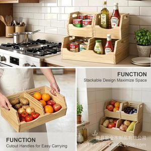 Wooden Double Layer Stackable Storage Box For <b>Potato</b> Onion Food Desktop Organizer Rectangular Standing Type 2nd Floor - Product Image 2