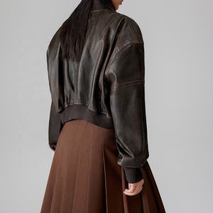 سترة نسائية مخططة خضراء كلاسيكية سترة من الجلد الأصلي المضغوط للنساء - Product Image 3