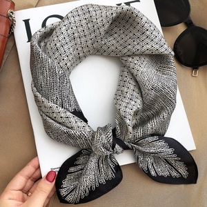 Custom 70cm Black and White <strong>Tweed</strong> Grid Square Silk <strong>Scarf</strong> for Womens with Feather Leaf Border Pattern and Knot Design - Product Image 1